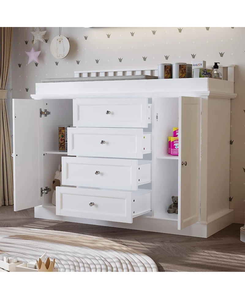 Homsee Changing Table Dresser with 4 Drawers and 2 Doors, Nursery Dresser Diaper Changing Station for Baby