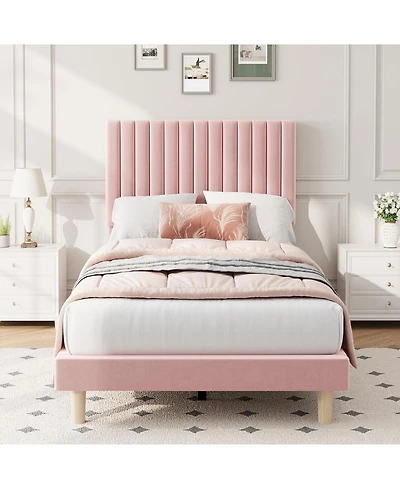gaomon Twin Bed Frame with Adjustable Headboard, Velvet Upholstered Platform Bed Frame Twin Size, Vertical Channel Tufted, Strong Wooden Slats