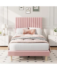 gaomon Twin Bed Frame with Adjustable Headboard, Velvet Upholstered Platform Bed Frame Twin Size, Vertical Channel Tufted, Strong Wooden Slats