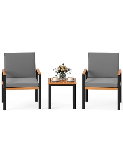 Gymax 3 Pieces Patio Furniture Set Outdoor Bistro Conversation Set w/ Acacia Wood Side Table