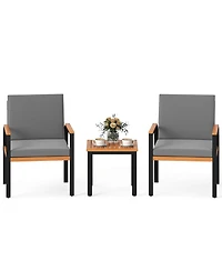 Gymax 3 Pieces Patio Furniture Set Outdoor Bistro Conversation Set w/ Acacia Wood Side Table
