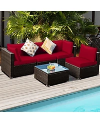 Gymax 5PCS Rattan Patio Conversation Set Sofa Furniture Set w/ Cushions