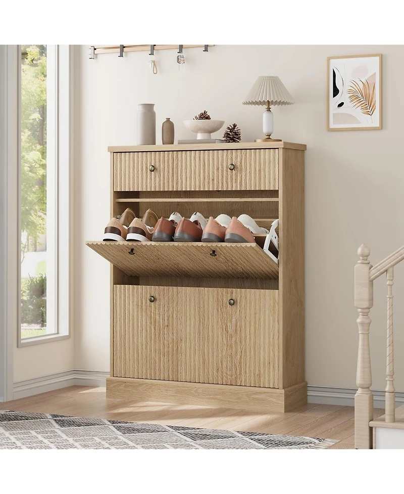 gaomon Fluted Shoe Cabinet with 2 Flip Drawers and 1 Top Drawer Narrow Wooden Cabinet with Adjustable Shelves Freestanding Shoe Organizer