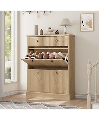 gaomon Fluted Shoe Cabinet with 2 Flip Drawers and 1 Top Drawer Narrow Wooden Cabinet with Adjustable Shelves Freestanding Shoe Organizer