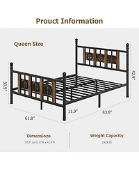 gaomon Size Bed Frame with Headboard and Footboard, Metal Bed Frame w/Vintage Circular Design & Storage Space Under Bed, Easy