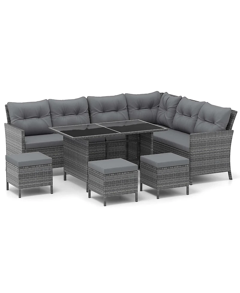Gymax Set of 7 Dining Furniture Set Pe Rattan Sectional Sofa Set Patio