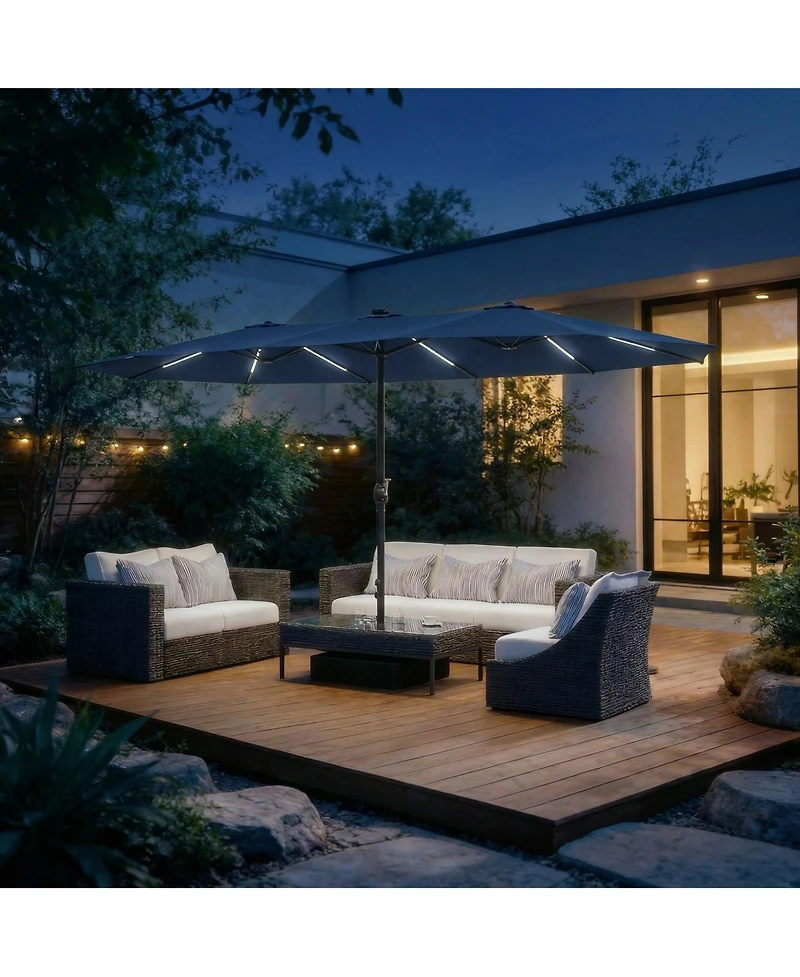 Homsee 15 ft. Double Sided Umbrella Outdoor Patio Umbrella with 12 Led Solar Strips, Base and Sand Bag