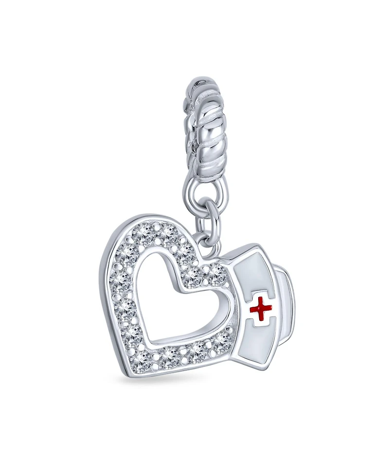 Bling Jewelry Heart Shape Rn Cap Nurse Dangle Bead Charm For Charm Bracelet .925 Sterling Silver