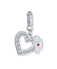 Bling Jewelry Heart Shape Rn Cap Nurse Dangle Bead Charm For Charm Bracelet .925 Sterling Silver