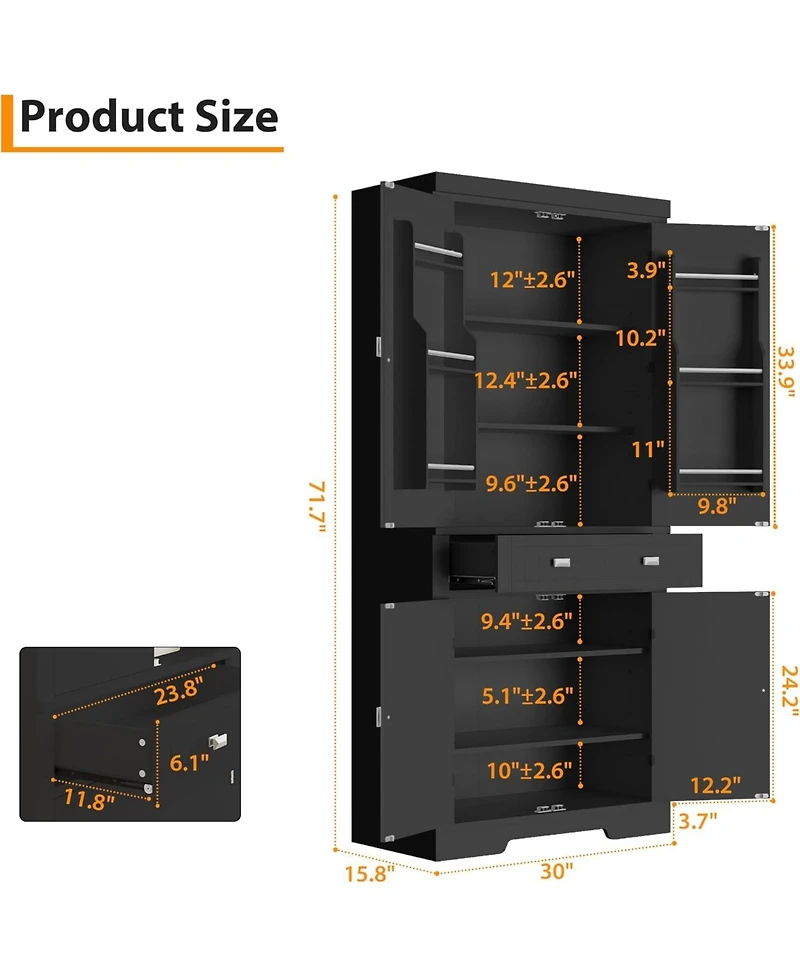 gaomon 72" Kitchen Pantry Cabinet with Drawer, Doors and Shelves, Wood Farmhouse Storage Cabinet, Large Storage Cupboard for Living Room