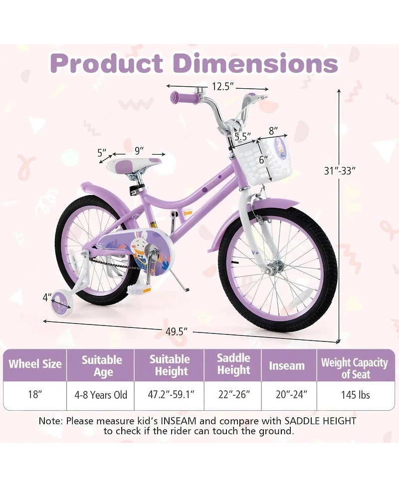 Hongge 18 Inch Girl Bike with Basket with Detachable Training Wheels
