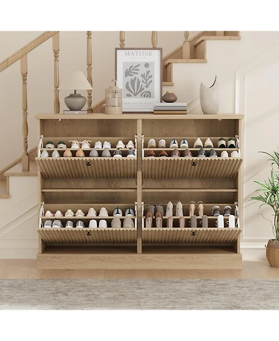 gaomon Shoe Cabinet with 4 Flip Drawers Freestanding Cabinet with Adjustable Shelves and Thicken Top Fluted Design Wooden Narrow Shoe Organizer