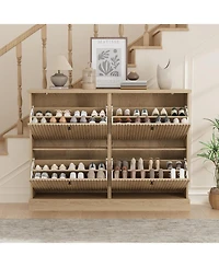 gaomon Shoe Cabinet with 4 Flip Drawers Freestanding Cabinet with Adjustable Shelves and Thicken Top Fluted Design Wooden Narrow Shoe Organizer