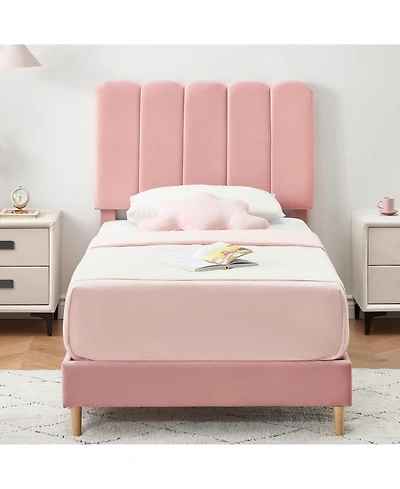 gaomon Twin Bed Frame, Velvet Upholstered Platform Bed with Wave Headboard for Girls/Kids, Easy Assembly, Wooden Slats Support, No Box Spring Needed