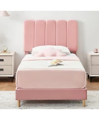 gaomon Twin Bed Frame, Velvet Upholstered Platform Bed with Wave Headboard for Girls/Kids, Easy Assembly, Wooden Slats Support, No Box Spring Needed