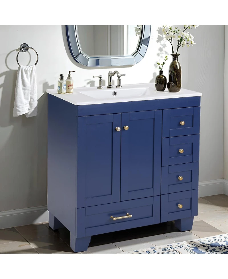 Sillysis 30" Blue Bathroom Vanity with Ceramic Sink, Solid Wood Frame, Pull-Out Drawers, Adjustable Storage, Soft Close Slides