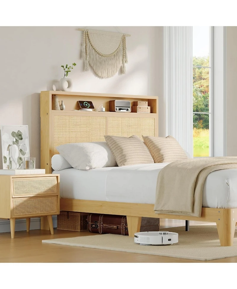 gaomon Queen Rattan Bed Frame Led Lights Boho Wood Platform Storage Headboard Charging Station Silent Slats No Box Spring