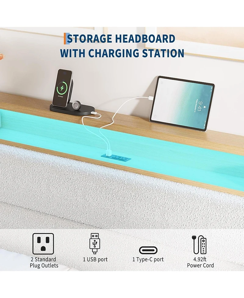 gaomon Queen Upholstered Bed Storage Headboard Led Boucle Platform Charging Station No Box Spring Easy Assembly