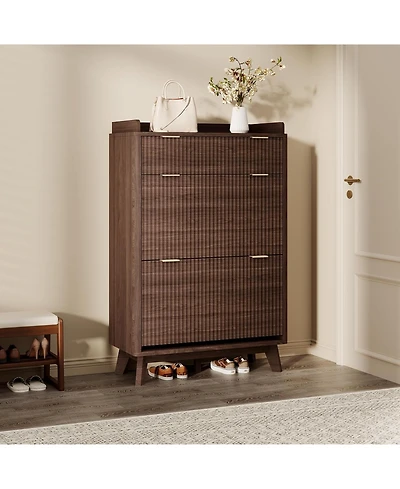 Gaomon Fluted Wood Shoe Storage Cabinet for Entryway with 2 Flip Drawers and Adjustable Shelves 48 inch Tall Freestanding Hidden Narrow Shoe Rack