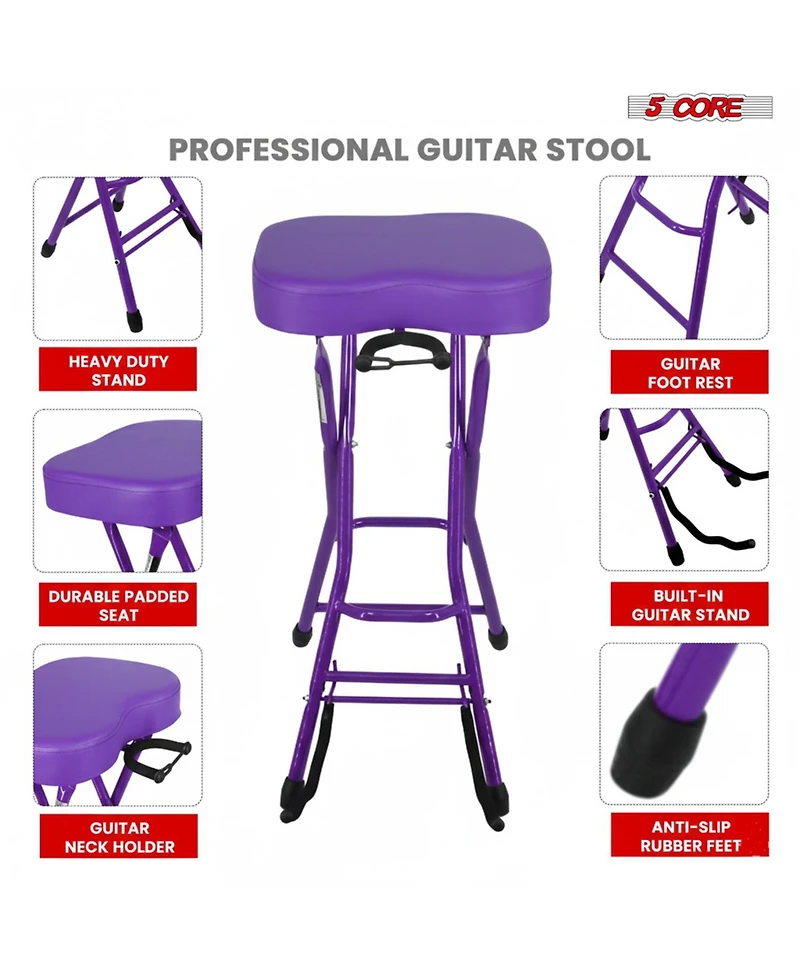 5Core Guitar Stool 3.15" Padded Chair Foldable Heavy Duty Music Seat Built in Foot Rest Guitar Stand