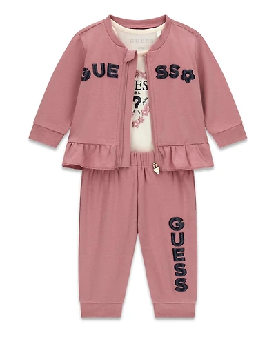 Guess Baby Girls' Long-Sleeve Zip-Up Top, Bodysuit and Pants, 3-Piece Set