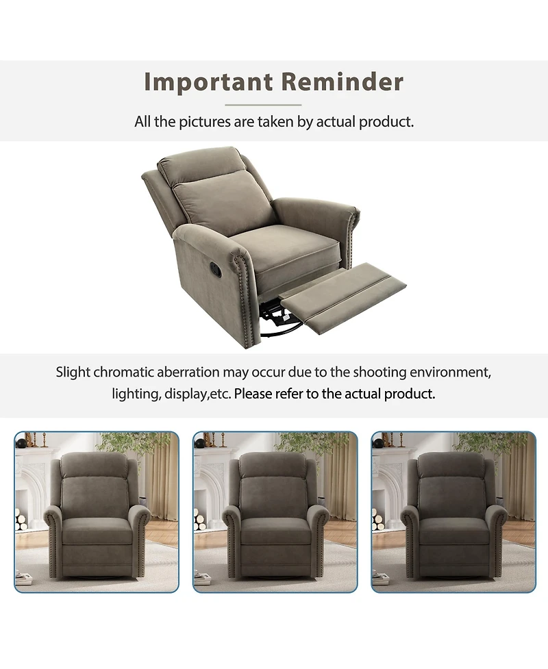 Clihome Velvet Swivel Rocking Chair, Modern Upholstered Glider Chair Adjustable Backrest Recline