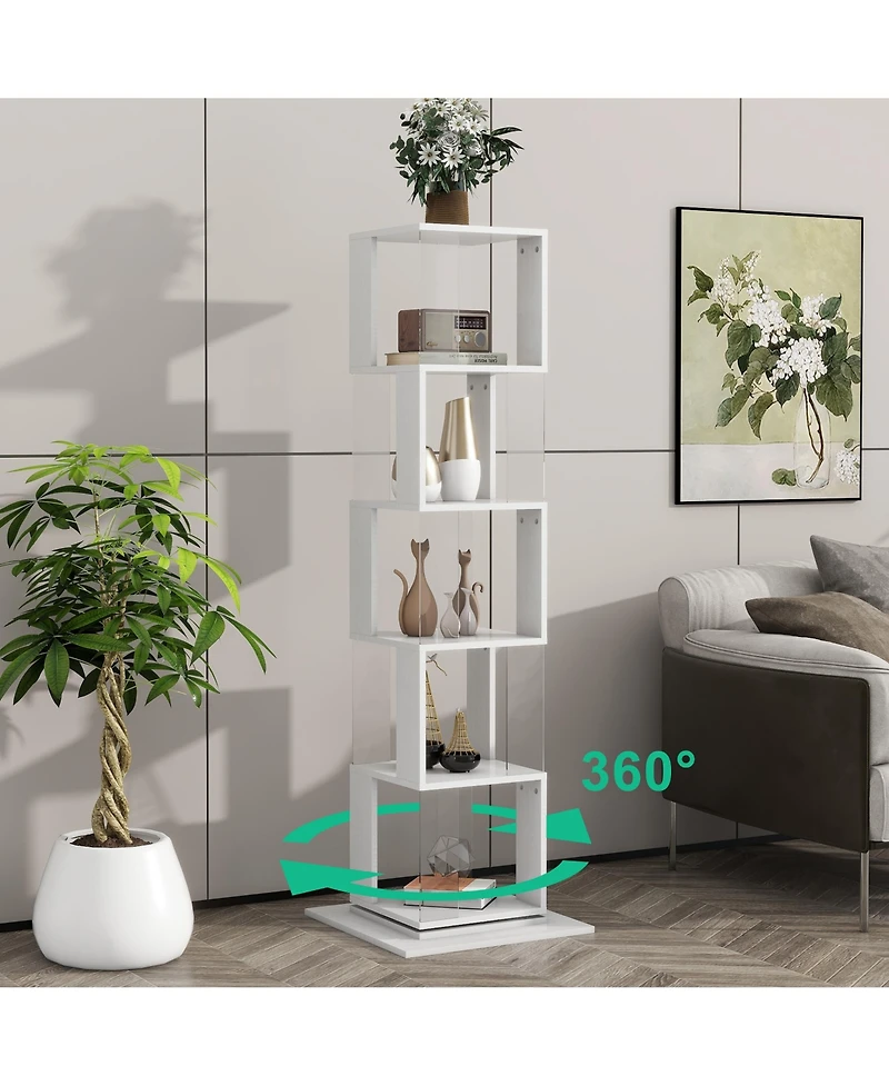 Rainsken 360° Rotating Bookshelf, 5-Tier Floor Standing Bookcase, Modern Display Rack with Acrylic Plate, Anti-toppling Base for Living Room