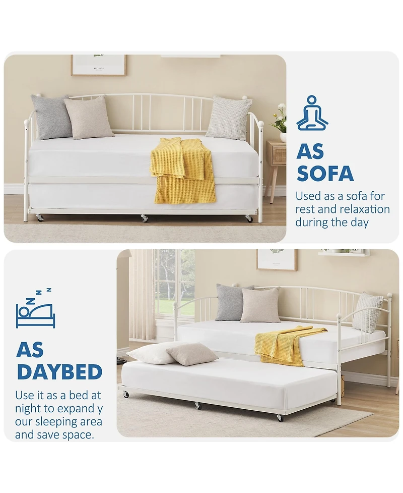 gaomon Daybed with Trundle Twin Arched Headboard Metal Day Bed Steel Slat Support SofaBed for Bedroom Living Room