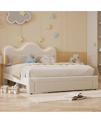 gaomon Velvet Platform Bed Frame- Sherpa Upholstered with Floral Headboard and Led Lights- Wooden Slats- No Box Spring