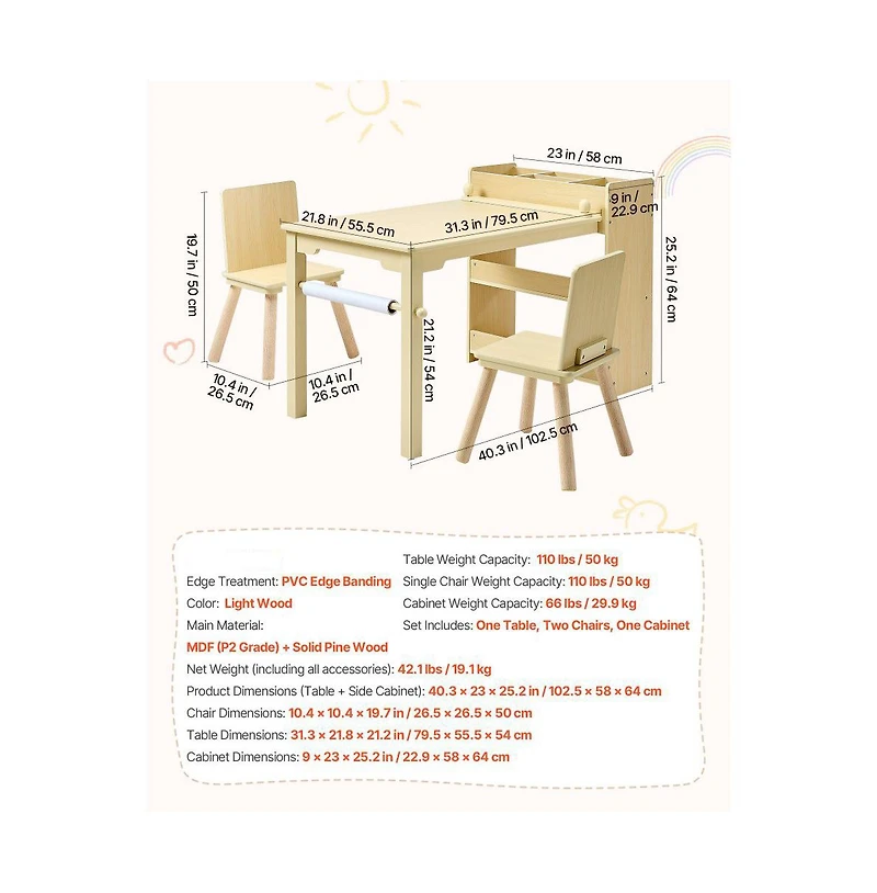 Slickblue Kids Art Table and Chair Set with 3-Tier Storage Cabinet