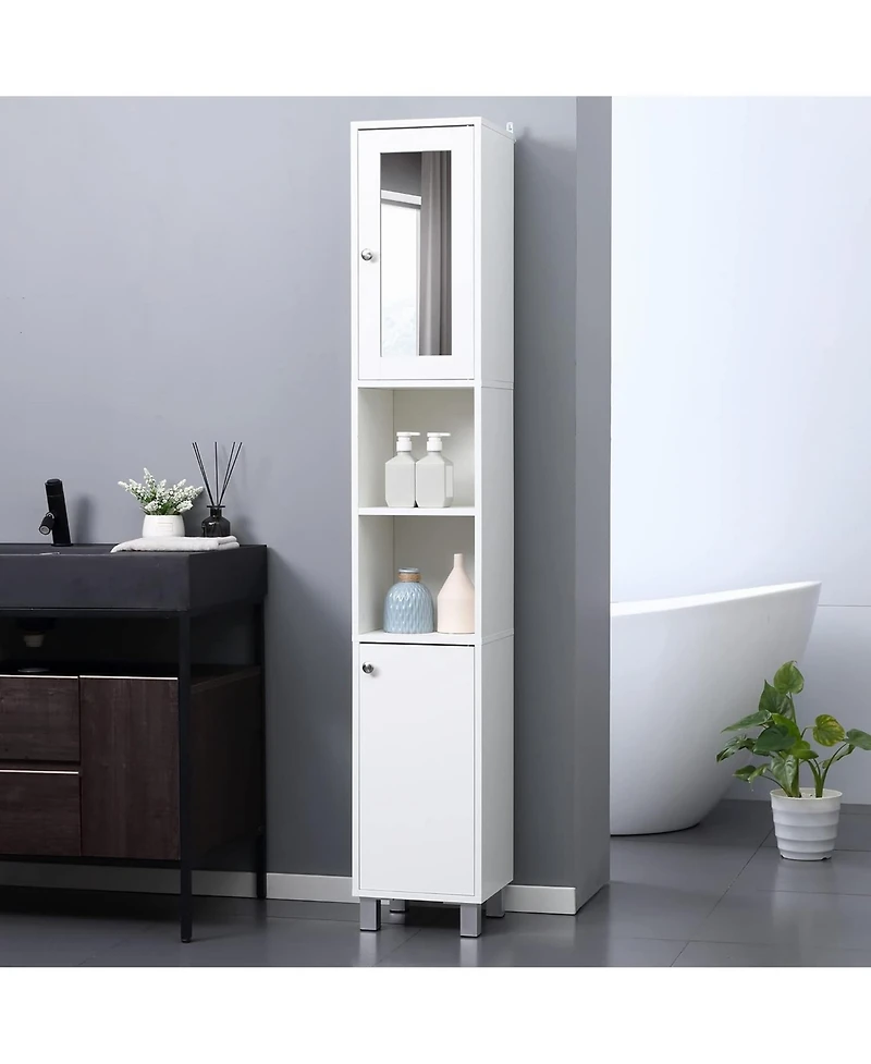 Rainsken Tall Bathroom Storage Cabinet with Mirror, Wooden Freestanding Tower Cabinet with 2 Enclosed Cabinets, 2 Middle Open Shelves for Small Spaces