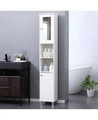 Rainsken Tall Bathroom Storage Cabinet with Mirror, Wooden Freestanding Tower Cabinet with 2 Enclosed Cabinets, 2 Middle Open Shelves for Small Spaces