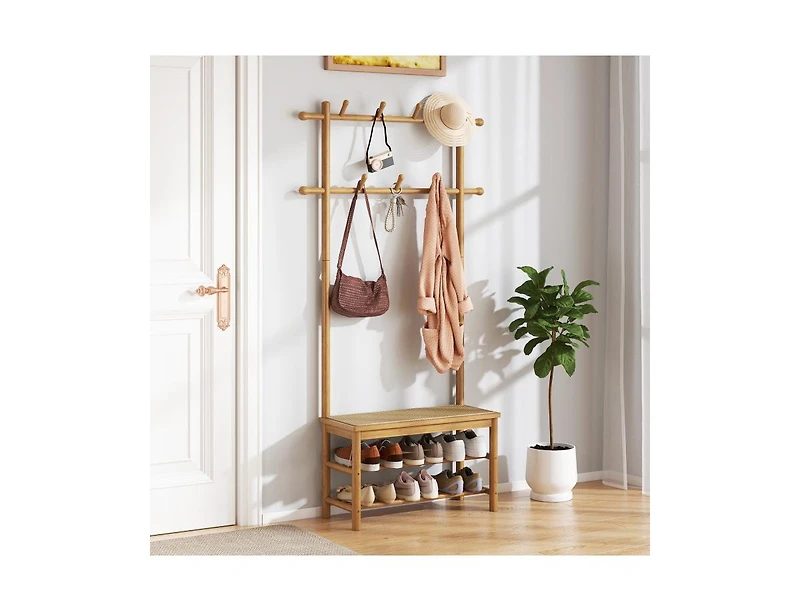 Slickblue Pe Rattan Hall Tree Coat Rack with Bench and Shoe Storage
