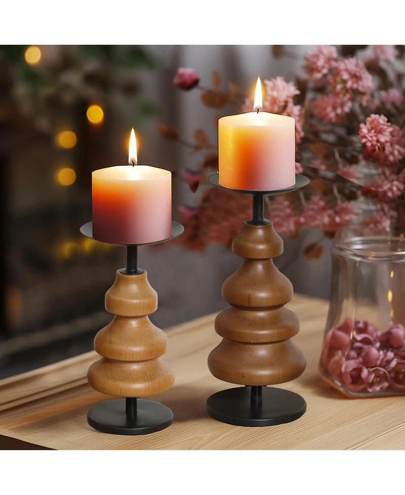 LuxenHome 2-Piece Birch Wood with Metal Pillar Candle Holder Set