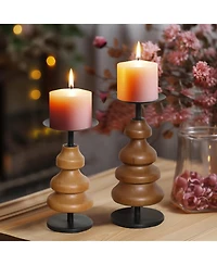 LuxenHome 2-Piece Birch Wood with Metal Pillar Candle Holder Set