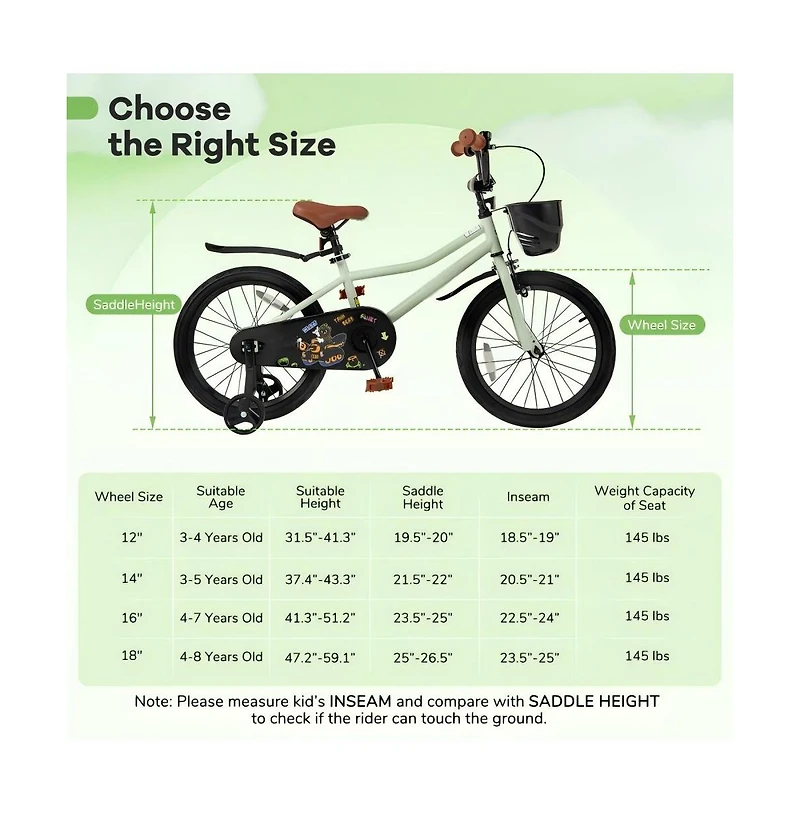 18 Inch Kids Bike Adjustable with Training Wheels for 4-8 Years Old