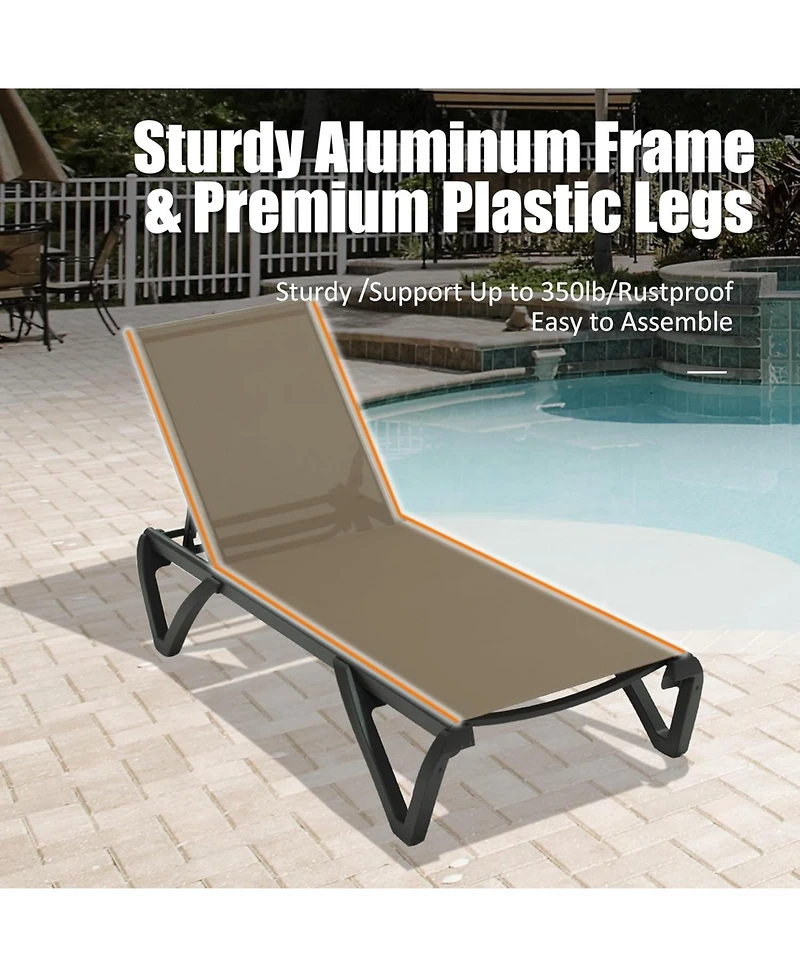 Clihome Lounge Chairs Set, Aluminum Adjustable Outdoor Chaise Lounge with Wheels, 2 Poolside Chairs,1 Side Table, Textilene