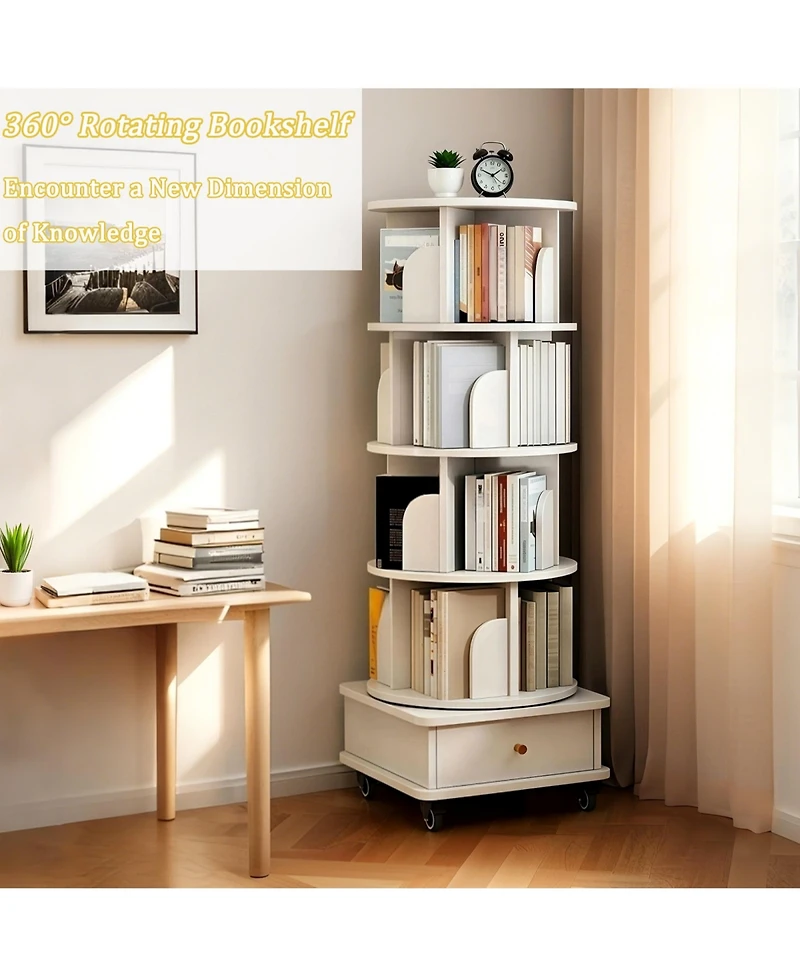 Rainsken Tier Rotating Bookshelf with Drawers On Wheel, 360° Display Spinning Corner Bookcase