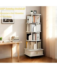 Rainsken Tier Rotating Bookshelf with Drawers On Wheel, 360° Display Spinning Corner Bookcase