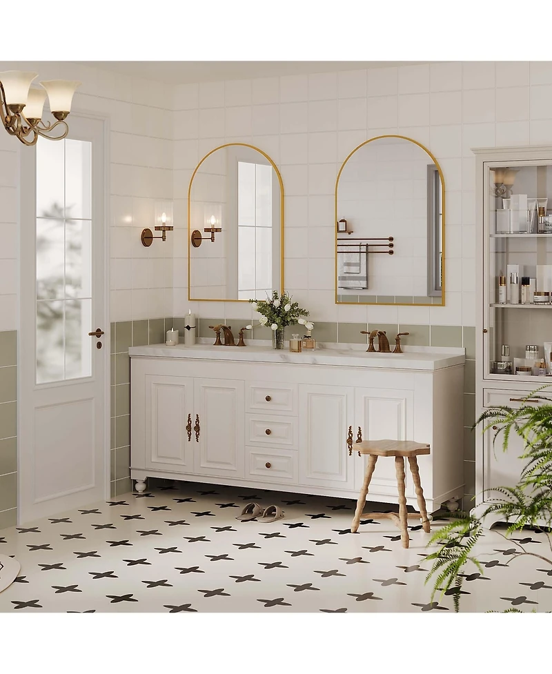 Homfan Arched Bathroom Mirror, Wall Mounted Vanity Metal Frame, Modern Wraparound Hanging Mirror Bathroom, Vanity, Living Room