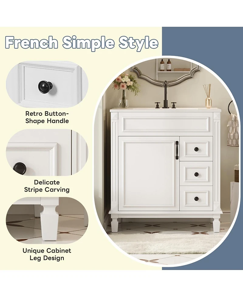 Sillysis 30 Inch Freestanding Bathroom Vanity with Ceramic Sink, French Modern Cabinet, Soft Close Drawers for Small Spaces
