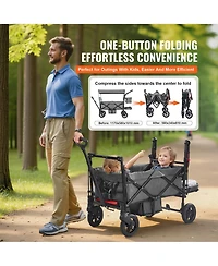 Rainsken Wagon Stroller for 2 Kids, Push Pull Quad Collapsible Stroller with Adjustable Handle, Encircling Harness and Removable Canopy for Camping