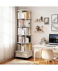 Rainsken 6 Tier Rotating Bookshelf with Drawers On Wheel, 360° Display Spinning Corner Bookcase, Wooden Storage Rack for Study Room, Office