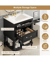 Sillysis 24.4" Retro Freestanding Bathroom Vanity with Sink, Bathroom Storage Cabinet with Open Shelf & Ample Storage Drawers