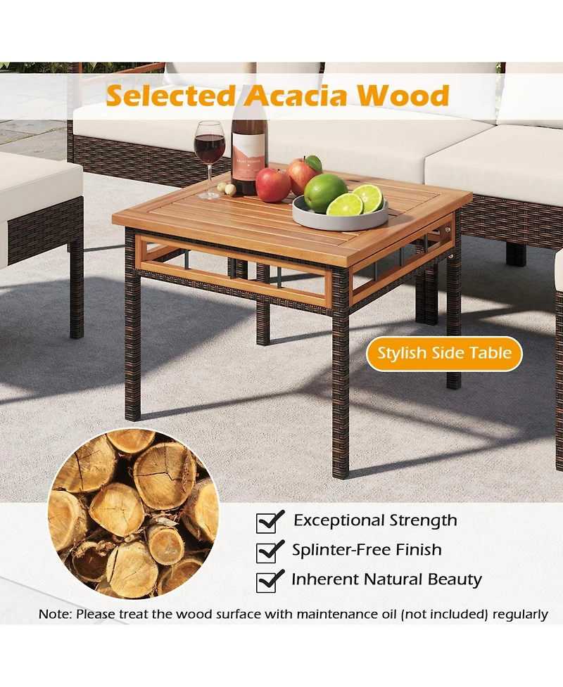 Gymax Set of 7 Wicker Furniture Set w/Ottomans Side Table Acacia Wood Tabletop Armrests