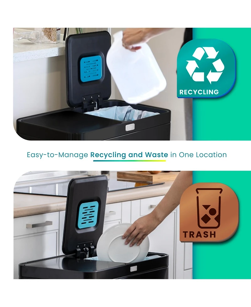 Home Zone Living 16 Gallon Stainless Steel Kitchen Trash and Recycling Can with CleanAura Odor Control Soft Close Lids