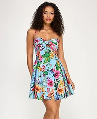 Emerald Sundae Women's Printed Twist-Front Soft Structured Sweetheart Neck Mini Dress