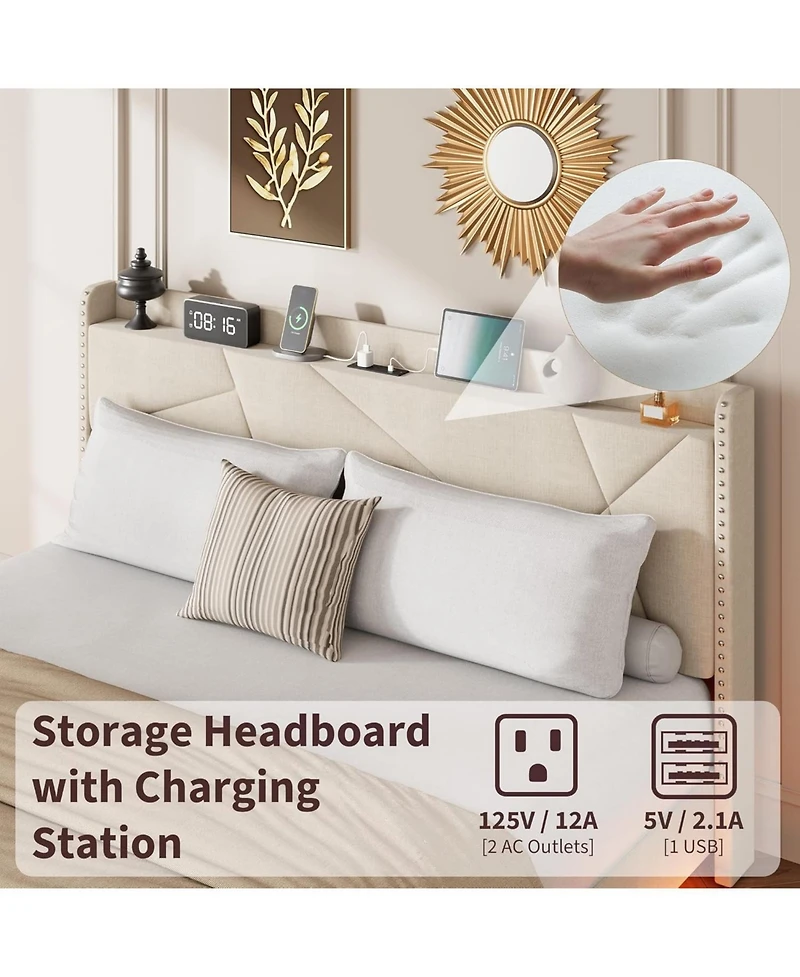 gaomon King Floating Bed Frame Led Lights Usb Charging Upholstered Storage Headboard Metal Slats No Box Spring