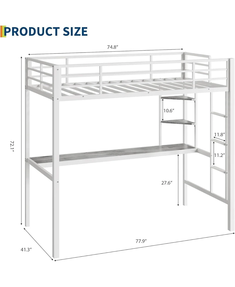 gaomon Twin Metal Loft Bed with Large Desk Storage Shelves Ladder Safety Guardrail Steel Slats Space-Saving