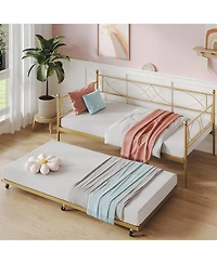 gaomon Twin Metal Daybed Frame with Trundle Heavy Duty Slats Platform Sofa Bed Lockable Casters for Living Room Bedroom Guest